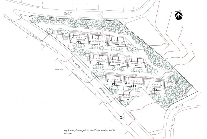 Implantação sugerida para Campos do Jordão. Concurso Habitação para Todos CDHU. Casas escalonadas - Menção honrosa.<br />Autores do projeto  [equipe premiada]
