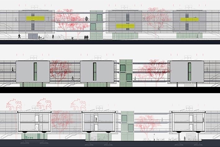 Dormitórios e alojamentos para professores e estudantes, elevações e corte AA. Sic Arquitetura, 2008<br />Desenho escritório 