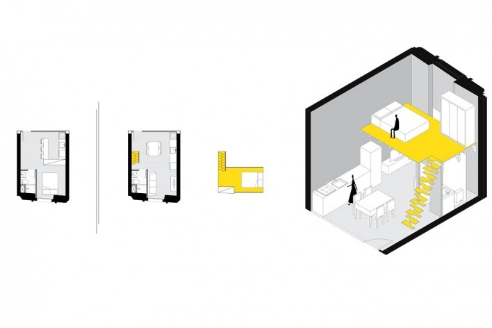 Reabilitação de edifício para habitação popular, tipologia de unidade habitacional com sugestão de layout sem mezanino. Debora Portugheis, Gabriela Xavier, Gustavo Ramos e Mariana Souto, FAU USP<br />3º lugar 