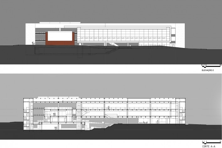 Terminal Digital do Ensino, elevação posterior e corte longitudinal, São Caetano do Sul, 2008. Arquiteto José Augusto Aly<br />Imagem divulgação 