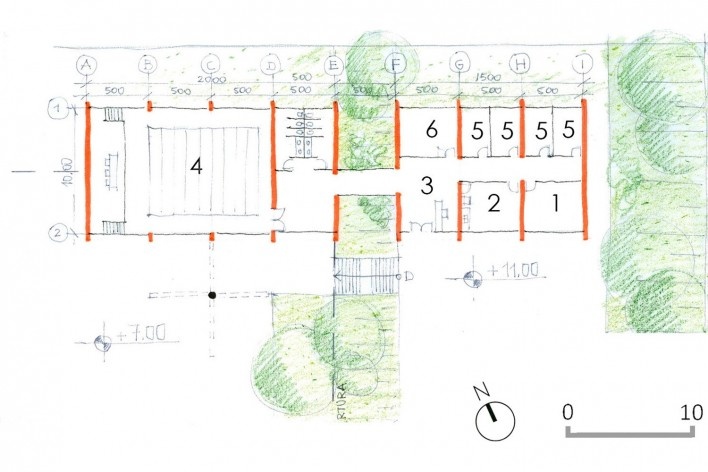 Proposta bairro urbano + produção agrícola, plantada cooperativa agrícola, segundo pavimento. <i> 1)administração, 2)cozinha, 3)recepção, 4)auditório e 5)salas individuais</i>. Roney Pessoa, FAU PUC-Campinas<br />2º lugar 