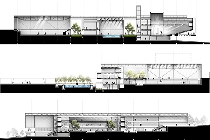 Concurso de Propostas Arquitetônicas para o SESC Guarulhos, cortes. Escritório Biselli & Katchborian<br />Desenho divulgação 