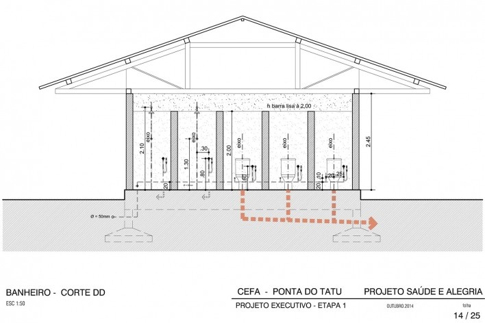 Centro Experimental Floresta Ativa - CEFA, corte do banheiro do alojamento, RESEX Tapajó-Arapiuns PA. Arquiteta Cristina Xavier<br />Imagem divulgação 
