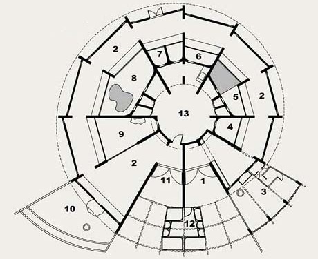 Planta da Casa do sol e da lua. 1. Entrada; 2. Corredor de visitação; 3. Coruja buraqueira; 4. Coruja; 5. Ratão; 6. Gambás; 7. Roedores; 8. Mão-pelada; 9. Morcegos; 10. Furão; 11. Saída; 12. Cobras; 13. Manejo  	<br />Imagem dos autores do projeto 