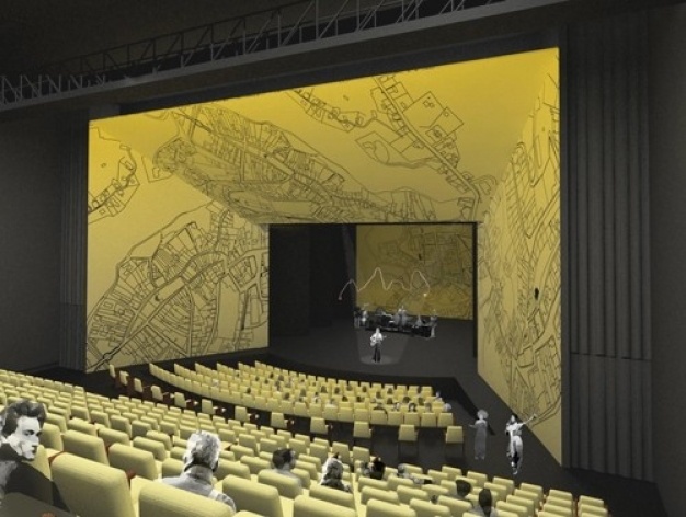 Vista do teatro de fala com a cenografia nos planos refletores laterais<br />Imagem do autor do projeto 