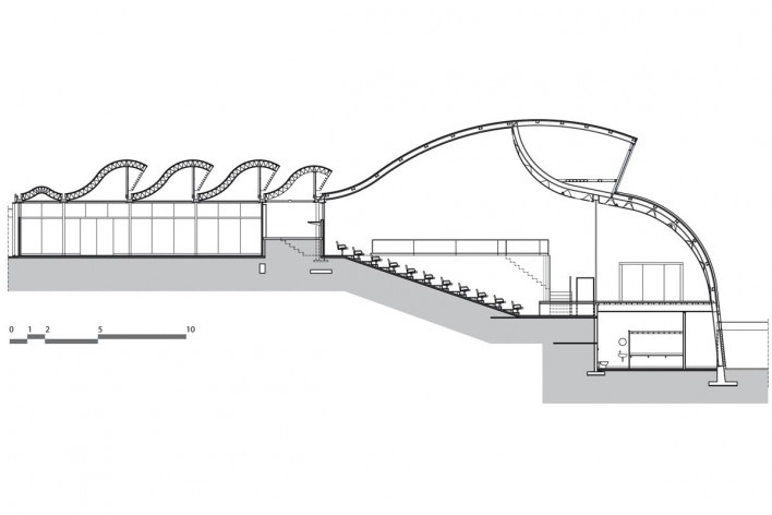 Sarah Brasília Lago Norte, prédio centro de pesquisa, corte transversal, Brasília DF<br />Divulgação  [LIMA, João Filgueiras (Lelé). "Arquitetura - uma experiência na área da saúde"]