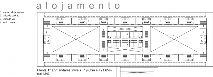 Alojamentos. Legenda: 1. Acesso Alojamentos; 2. Unidade Padrão; 3. Unidade Vip; 4.Vazio Praça.<br />Imagem dos autores do projeto 