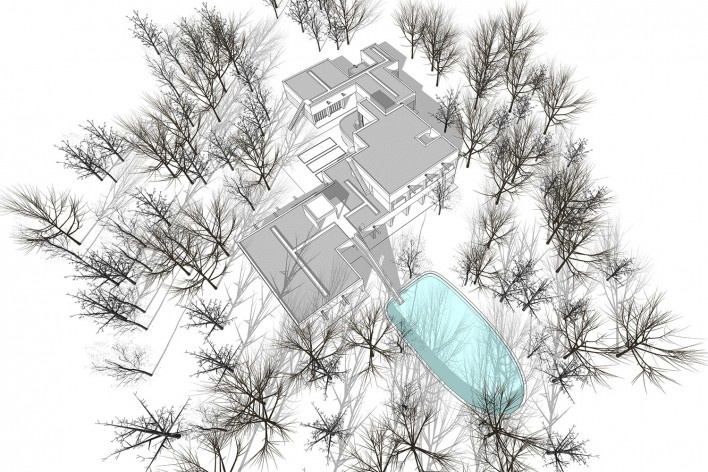 Casa Sarabhai, vista aérea, Shadibag, Ahmedabad, India, 1952-55. Arquiteto Le Corbusier<br />Modelo tridimensional Matheus Bragagnolo / Imagem Edson Mahfuz 