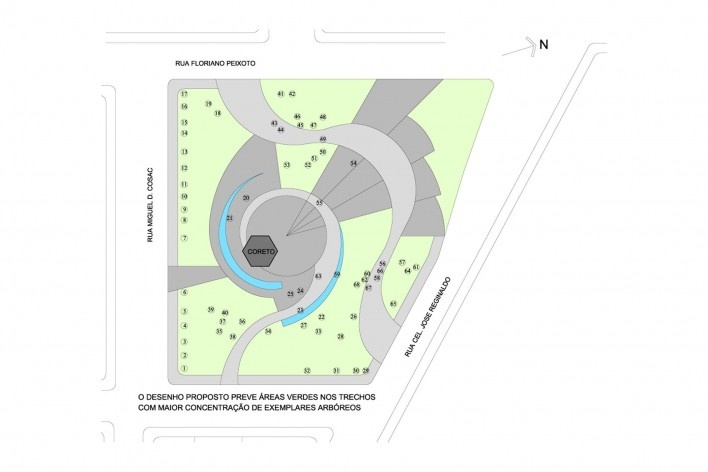 Praça da Liberdade - Releitura, esquema 3 (evidencia áreas verdes propostas nos trechos com maior concentração de árvores existentes), Escritório Dias Lagoa.