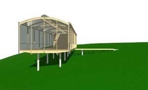 Perspectiva – ligação do módulo com o terreno via ponte<br />Imagem dos autores do projeto 