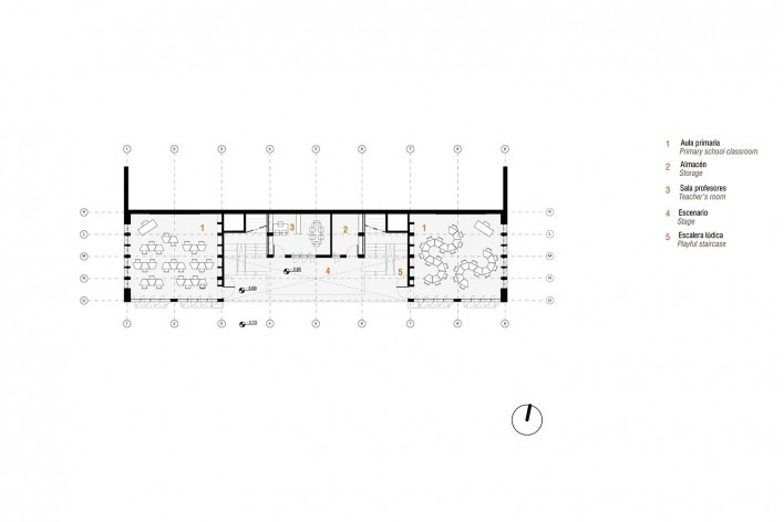 Escuela inicial y primaria Unión Alto Sanibeni, planta nivel 1, Comunidad Nativa Unión Alto Sanibeni, Pangoa, Junin, Perú, 2019. Arquitectos Marta Maccaglia, Raúl Arancibia, Giulia Perri y Susanna Olivieri / Asociación Semillas para el Desarrollo Sostenib<br />Imagén divulgacíon  [Equipo Semillas]