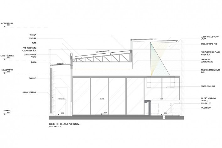 Restaurante Imakay, corte transversal, São Paulo SP Brasil, 2019. Arquitetos Alberto Barbour e Alexandre Liba / Urdi Arquitetura<br />Imagem divulgação  [Urdi Arquitetura]