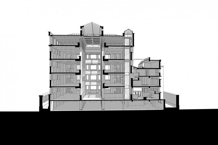 Edifício Larkin, corte, Buffalo, Nova York, EUA, 1905. Arquiteto Frank Lloyd Wright<br />Modelo tridimensional Ana Clara Pereira dos Anjos / Imagem Edson da Cunha Mahfuz 