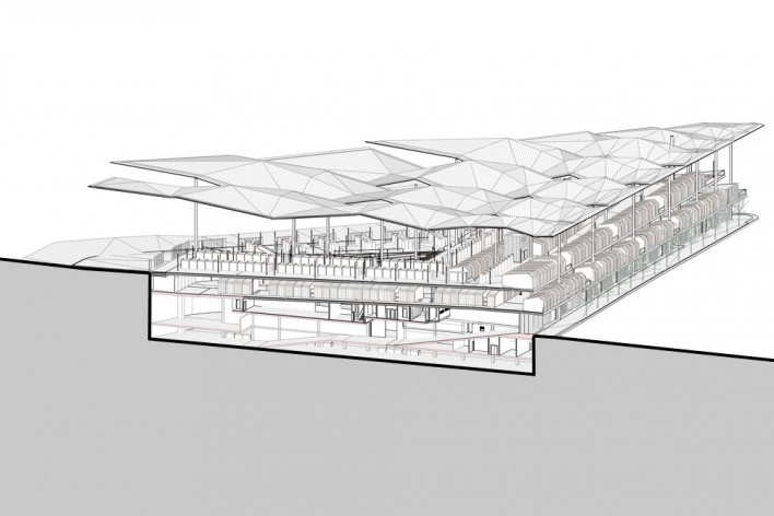 Mercat Encants, perspectiva cortada, Barcelona. Arquiteto Fermín Vázques / b720 Fermín Vázquez Arquitectos<br />Imagem divulgação 