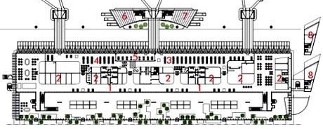 Planta do Primeiro Pavimento / 2º Mezanino. 1. Mall comercial; 2. Lojas; 3. Embarque doméstico; 4. Embarque internacional; 5. Sofá reversível; 6. Embarque remoto internacional; 7. Embarque remoto doméstico; 8. COA/COE<br />Imagem do autor do projeto 