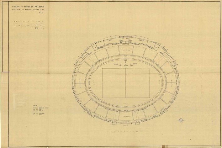 Estádio Vivaldo de Lima, planta geral 01. Arquiteto Severiano Porto, 1965<br />Escaneamento de Cláudio Muniz  [Acervo do Núcleo de Pesquisa e Documentação – FAU/UFRJ – Brasil]
