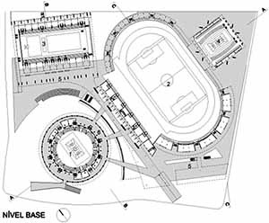 1.GJA – Ginásio; 2.ICM – Estádio; 3.CPT – Conjunto Aquático; 4.GMP – Ginásio Poliesportivo; 5.Esplanada Elevada – comércio e acessos; 6.Atividades esportiva; 7.Museu do esporte.<br />Imagem dos autores do projeto 