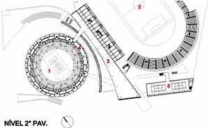Legenda: 1. GJA – Ginásio Geraldo José de Almeida; 2. ICM – Estádio "Ícaro de Castro Melo"; 3. Centro de imprensa; 4. Tribuna de imprensa; 5. Quadras de Tênis.<br />Imagem dos autores do projeto 