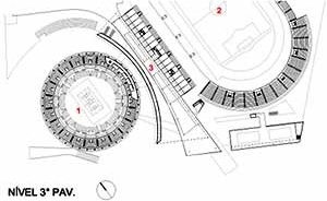 Legenda: 1. GJA – Ginásio Geraldo José de Almeida; 2. ICM – Estádio "Ícaro de Castro Melo"; 3. Terraço de apoio ao alojamento (adm, lavanderia, cozinha e refeitório).<br />Imagem dos autores do projeto 