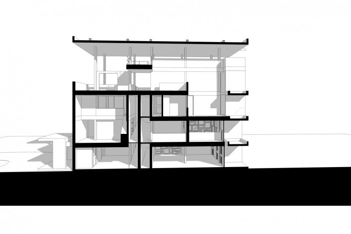 Casa Shodhan, corte longitudinal, Ahmedabad, Gujarat, Índia, 1951-56. Arquiteto Le Corbusier<br />Modelo tridimensional Gabriel Johansson Azeredo / Imagem Edson Mahfuz 