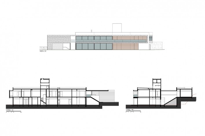 Residência LG, cortes AA, BB e elevação, Bragança Paulista SP Brasil, 2014. Arquitetos Henrique Reinach e Maurício Mendonça (autores)/ Reinach Mendonça Arquitetos Associados<br />Imagem divulgação/ disclousure image  [Reinach Mendonça Arquitetos Associados]