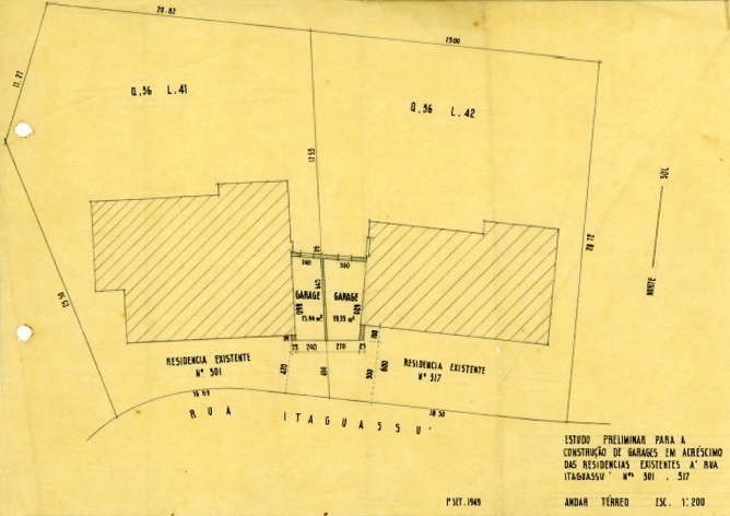 Desenho original da casa De Benedetti. Planta pavimento térreo - garagem<br />Acervo proprietário  [Pesquisa Fernando Serapião]