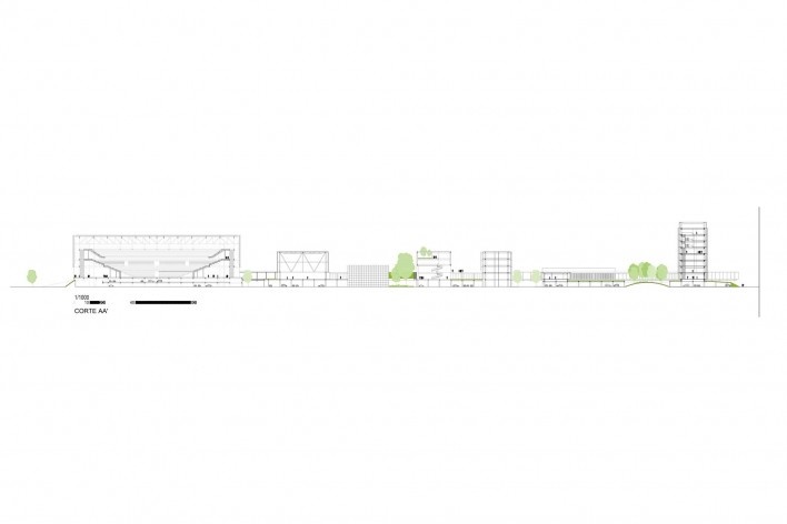 Concurso Sistema Fecomércio‐RS, corte longitudinal do conjunto. V.A. Arquitetura / Emerson Vidigal, 1º lugar, 2011