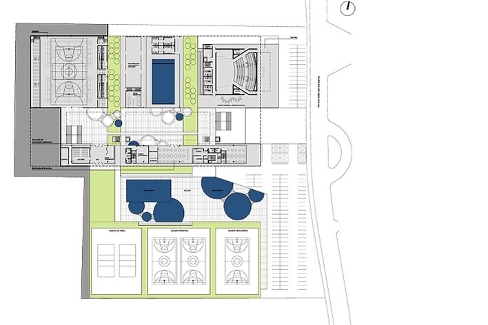 Concurso de Propostas Arquitetônicas para o SESC Guarulhos, planta nível 600. Escritório Biselli & Katchborian<br />Desenho divulgação 