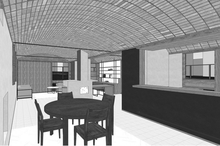 Casas Jaoul, vista interna do edifício, Neully-sur-Seine, Paris, França, 1951-56. Arquiteto Le Corbusier<br />Modelo tridimensional Lucas kirchner / Imagem Edson Mahfuz 