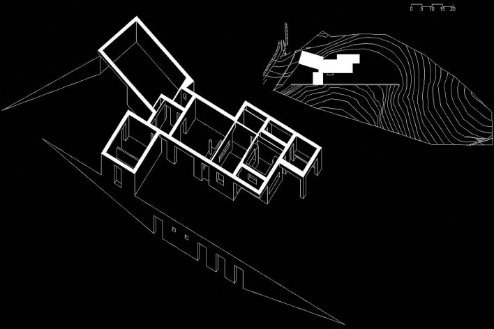 Casa no Figueiral, axonométrica e implantação, Alcobaça, Portugal. Arquiteto Pedro Fonseca Jorge