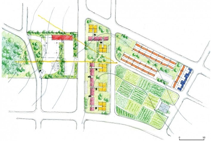 Proposta bairro urbano + produção agrícola, implantação da proposta. Roney Pessoa, FAU PUC-Campinas<br />2º lugar 