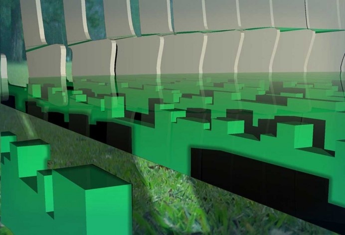 Projeto de quiosque para parques públicos de São Paulo, detalhe da estrutura do piso, que representa a maquete da cidade de São Paulo, Angela Ishibashi e Rafael Derderian. 2º. prêmio categoria estudantes, 2009.