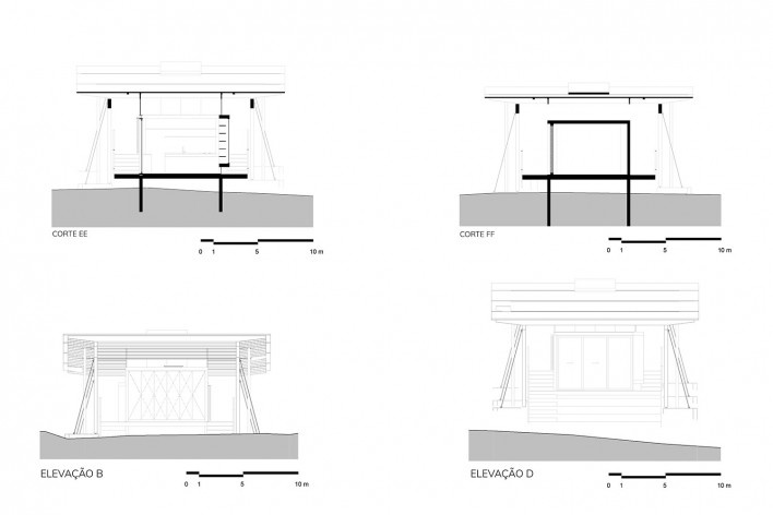 Palicourea House, EE and FF sections and B and D elevations (block A), São Jorge GO Brasil, 2021. Architects Daniel Mangabeira, Henrique Coutinho and Matheus Seco / Bloco Arquitetos<br />Imagem divulgação / disclosure image  [Bloco Arquitetos]