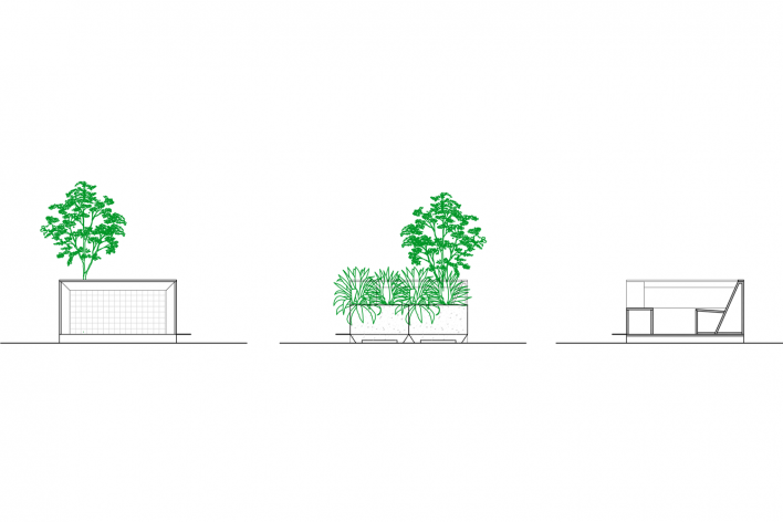 Parklet Padre João Manuel, vistas laterais e corte transversal. Zoom, Contain It, H2C e Superlimão