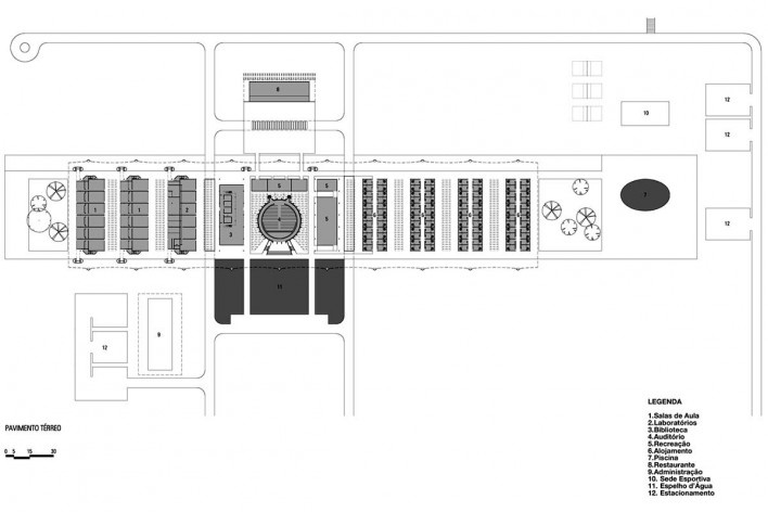 Escola Superior de Administração Fazendária – ESAF, planta do térreo, Brasília DF. 1. salas de aula; 2. laboratórios; 3. biblioteca; 4. auditório; 5. recreação; 6. alojamento; 7. piscina; 8. restaurante; 9. administração; 10. sede esportiva; 11. espelho d [Acervo PPMS]