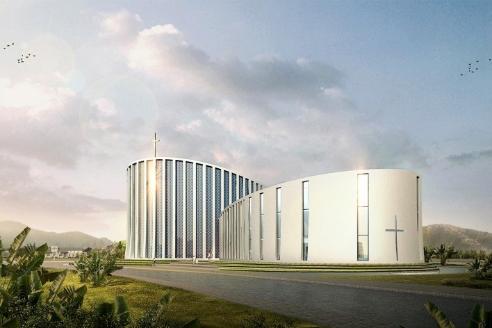 Igreja Protestante de Luoyuan, elevação sul matutina.<br />Dirk U. Moench 