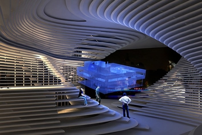 Adaptable Architecture Gallery on the Thames River Urban Competition – London 2008, vista interna da sala de holograma, menção honrosa. Arquitetos Victor Paixão, Miguel Felipe Muralha, Paula Sertório, Thiago Florez, André Mack, Bruno Castro<br />Imagem equipe 