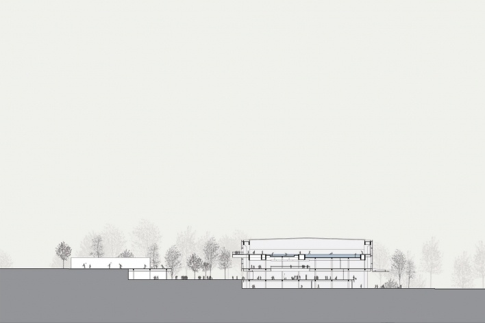 Concurso de Propostas Arquitetônicas para o futuro SESC Guarulhos, corte piscina, 8º lugar. Andrade Morettin Arquitetos<br />Desenho equipe 