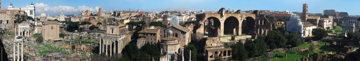 Panorâmica montada com dezenas de fotos na tentativa de mostrar quase todo o complexo monumental arqueológico de Roma: do Campidoglio ao Coliseu