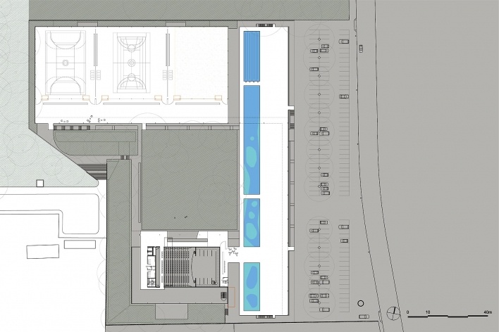 Concurso de Propostas Arquitetônicas para o futuro SESC Guarulhos, 6º lugar, planta nível entrada superior. Escritório MMBB Arquitetos<br />Desenho divulgação 