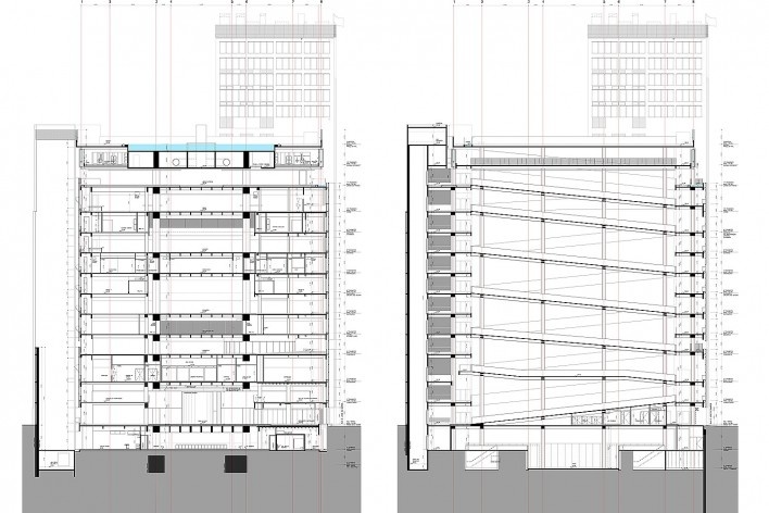 Sesc 24 de Maio, corte A, transversal à rua D. José de Barros; corte B, transversal à rua D. José de Barros, Paulo Mendes da Rocha + MMBB Arquitetos, São Paulo<br />Imagem divulgação 