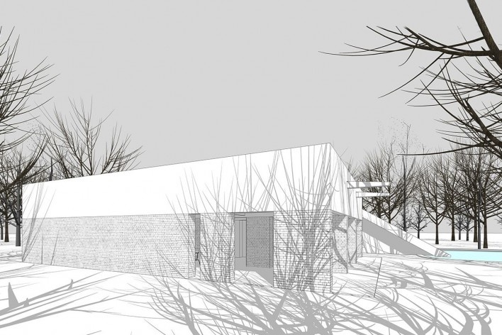 Casa Sarabhai, vista externa do edifício, Shadibag, Ahmedabad, India, 1952-55. Arquiteto Le Corbusier<br />Modelo tridimensional Matheus Bragagnolo / Imagem Edson Mahfuz 