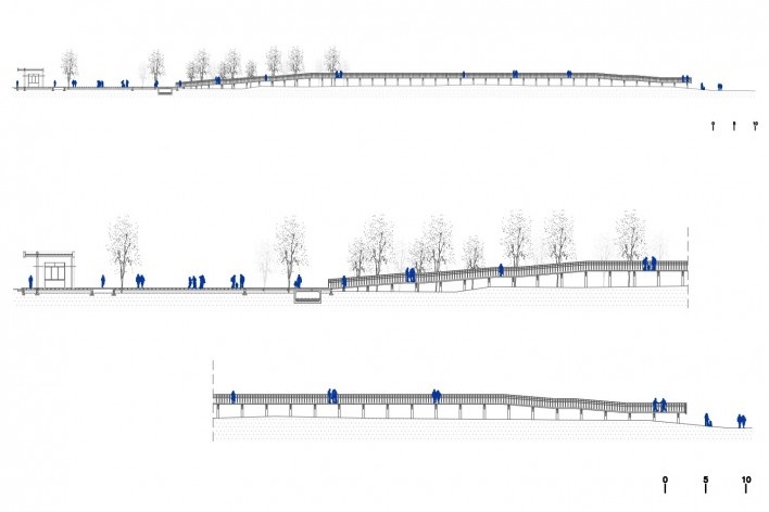 Requalificação urbana e ambiental da orla de Ilha Comprida, Mediador C, corte transversal em duas escalas, 2019. Arquitetos Marcos Boldarini e Lucas Nobre<br />Imagem divulgação 