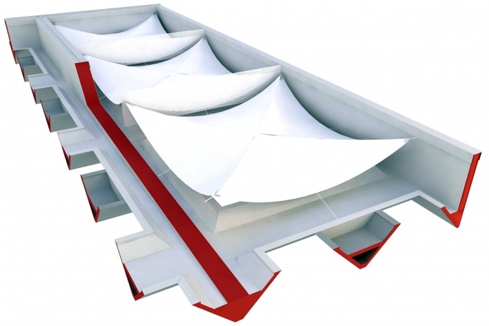 Proposta para Sobre-Cobertura do Edifício Vilanova Artigas, sede da FAU-USP, aplicação da sobre cobertura em mebrana tensionada. Arquiteto Pedro Paulo de Melo Saraiva, 2009<br />Imagem escritório 
