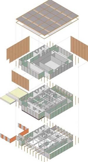 Axonométrica explodida da sede nova e ligação com a sede existente<br />Imagem do autor do projeto 