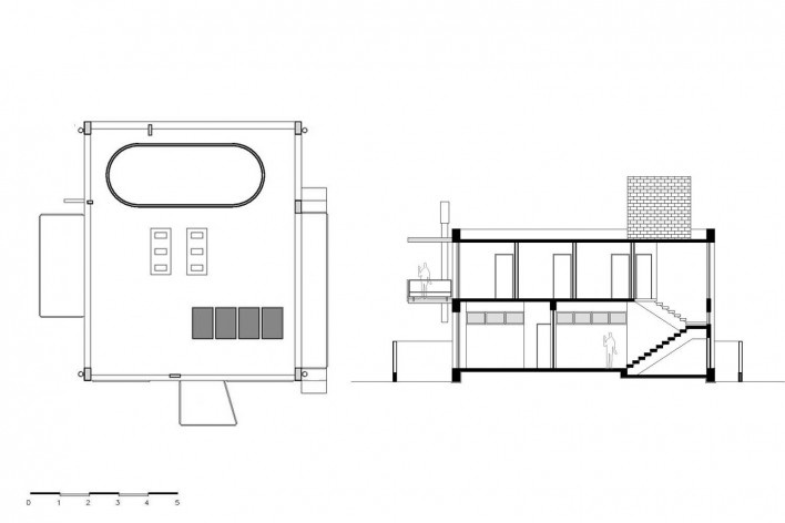 Casa D, planta cobertura e corte AA, Praia Alegre, Penha SC Brasil, 2014. Arquiteto Pablo José Vailatti / PJV Arquitetura<br />Imagem divulgação  [PJV Arquitetura]