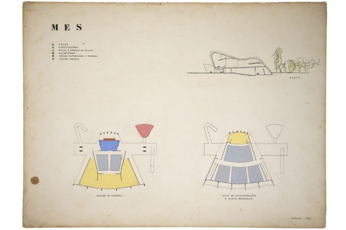 Prancha 2 – Auditório para o edifício do Ministério da Educação e Saúde, corte e plantas esquemáticas coloridas em guache, Rio de Janeiro, 1948. Arquiteto Oscar Niemeyer<br />Digitalização Daniel Cabrel  [Coleção Rolando Figueiredo]