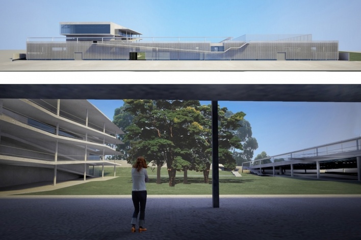 Concurso de Propostas Arquitetônicas para o futuro SESC Guarulhos, 6º lugar, fachada principal e vista do pátio gramado. Escritório MMBB Arquitetos<br />Desenho divulgação 