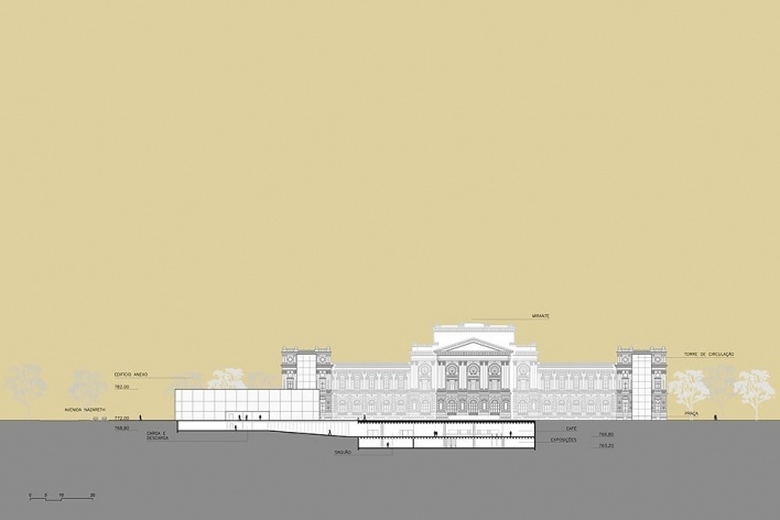 Ampliação do Museu Paulista da USP (Museu do Ipiranga), corte GG. Arquitetos Eduardo Colonelli e Silvio Oksman, 2008<br />Imagem escritório 