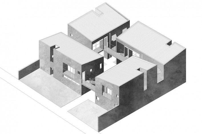 Vila Amélia, perspectiva do conjunto, Sertãozinho SP, 2015-2017. Arquitetos Fernando O’Leary, Pedro Domingues e Pedro Faria<br />Imagem divulgação  [Vaga Arquitetura]